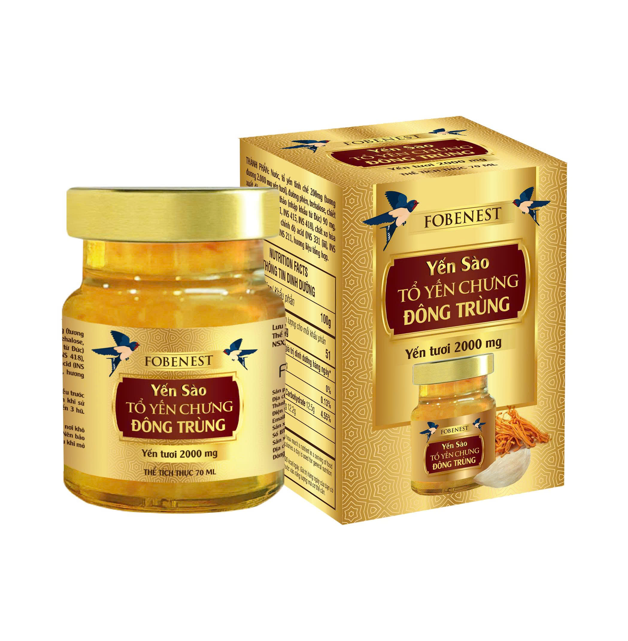 Fobenest Yến Sào Tổ Yến Chưng Đông Trùng (Yến Tươi 2000mg) (lọ 70ml)